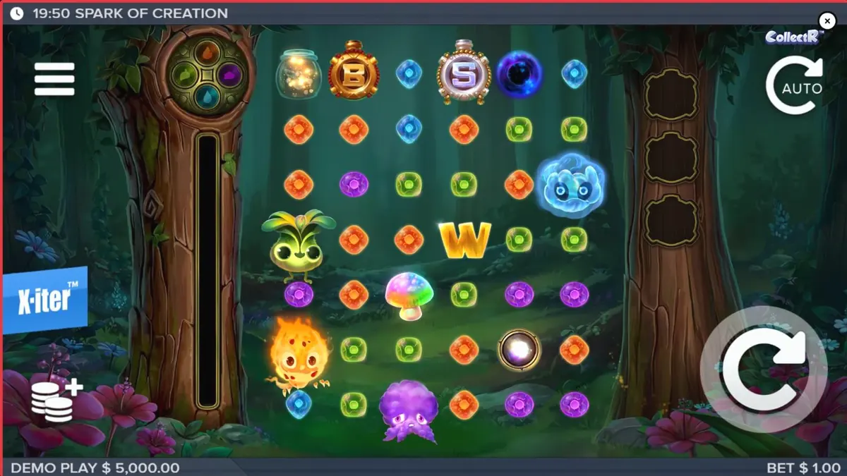 Cena mágica da floresta no slot Spark of Creation com criaturas elementais