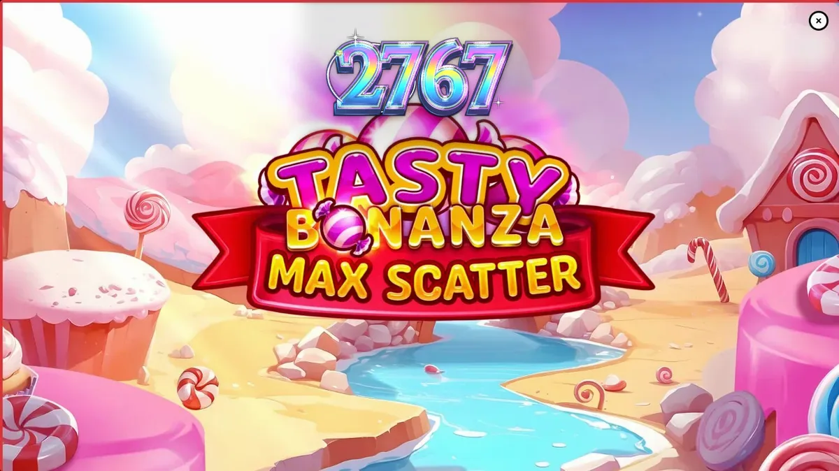 Interface colorida do jogo Tasty Bonanza Max Scatter com doces e símbolos vibrantes.